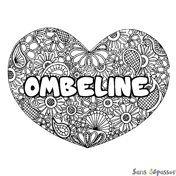 Coloriage pr&eacute;nom OMBELINE - d&eacute;cor Mandala coeur