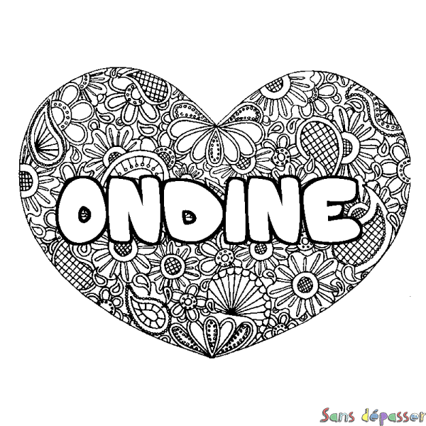 Coloriage pr&eacute;nom ONDINE - d&eacute;cor Mandala coeur