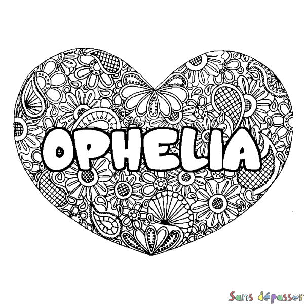 Coloriage prénom OPHELIA - d&eacute;cor Mandala coeur