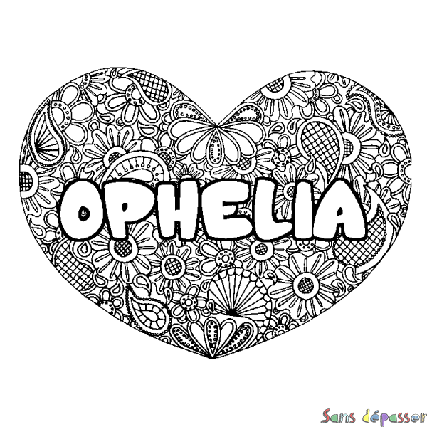 Coloriage pr&eacute;nom OPHELIA - d&eacute;cor Mandala coeur