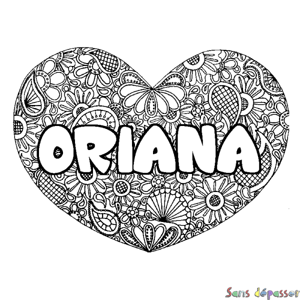 Coloriage pr&eacute;nom ORIANA - d&eacute;cor Mandala coeur