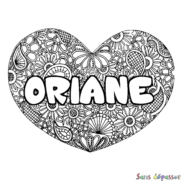 Coloriage pr&eacute;nom ORIANE - d&eacute;cor Mandala coeur