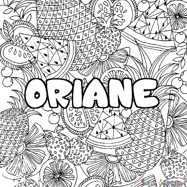 Coloriage pr&eacute;nom ORIANE - d&eacute;cor Mandala fruits