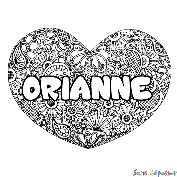 Coloriage pr&eacute;nom ORIANNE - d&eacute;cor Mandala coeur