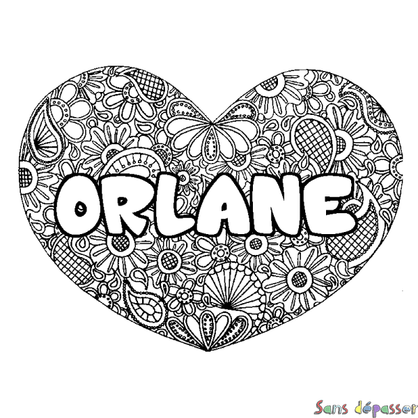 Coloriage pr&eacute;nom ORLANE - d&eacute;cor Mandala coeur