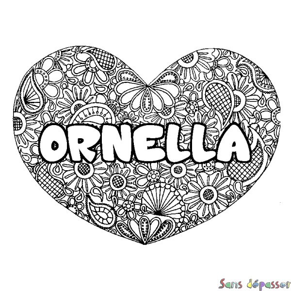 Coloriage pr&eacute;nom ORNELLA - d&eacute;cor Mandala coeur