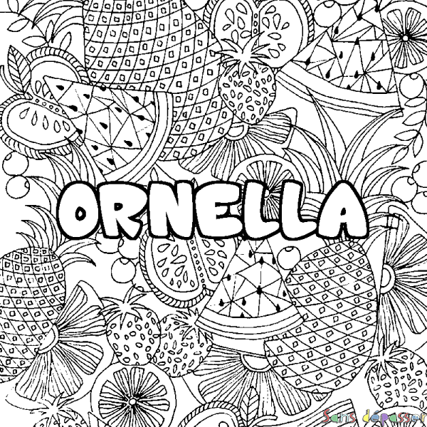 Coloriage pr&eacute;nom ORNELLA - d&eacute;cor Mandala fruits