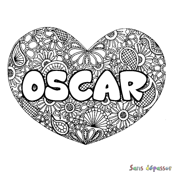 Coloriage pr&eacute;nom OSCAR - d&eacute;cor Mandala coeur