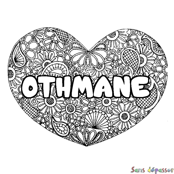 Coloriage pr&eacute;nom OTHMANE - d&eacute;cor Mandala coeur