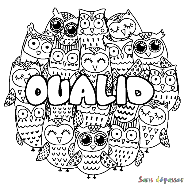 Coloriage pr&eacute;nom OUALID - d&eacute;cor Chouettes