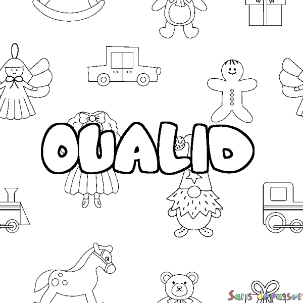 Coloriage pr&eacute;nom OUALID - d&eacute;cor Jouets