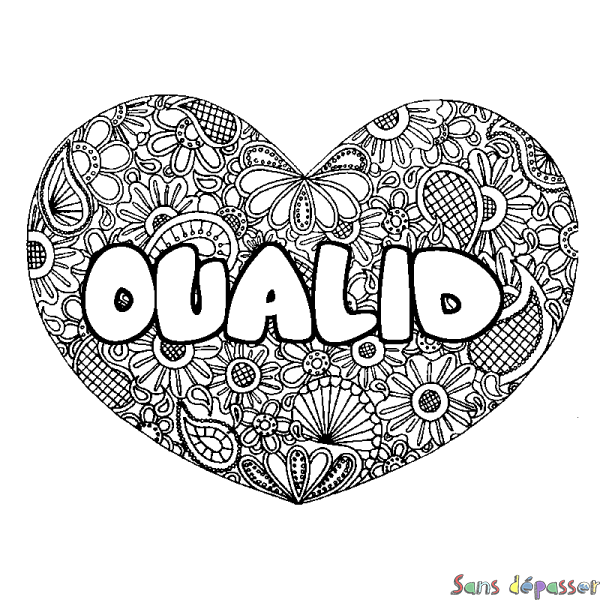 Coloriage pr&eacute;nom OUALID - d&eacute;cor Mandala coeur