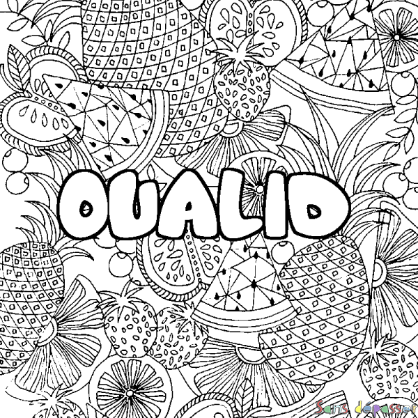 Coloriage pr&eacute;nom OUALID - d&eacute;cor Mandala fruits