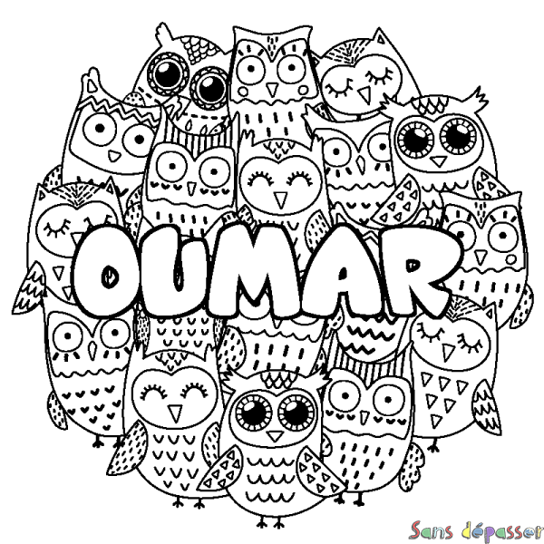 Coloriage pr&eacute;nom OUMAR - d&eacute;cor Chouettes