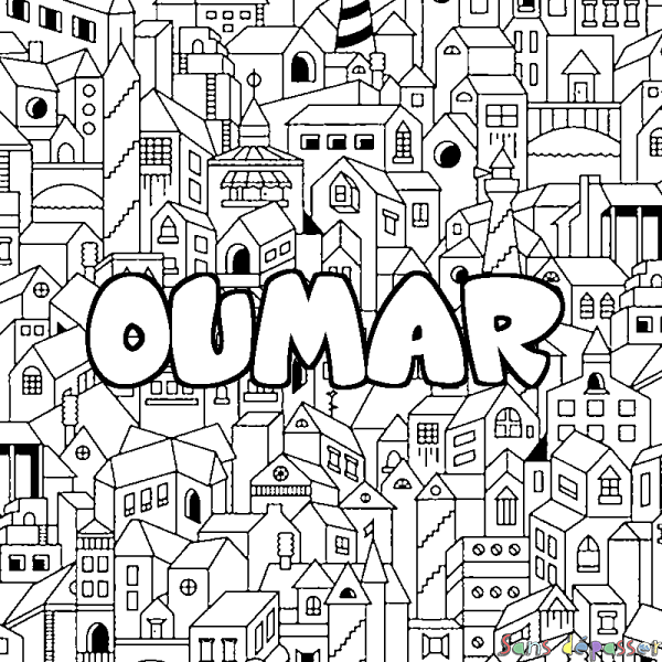 Coloriage pr&eacute;nom OUMAR - d&eacute;cor Ville