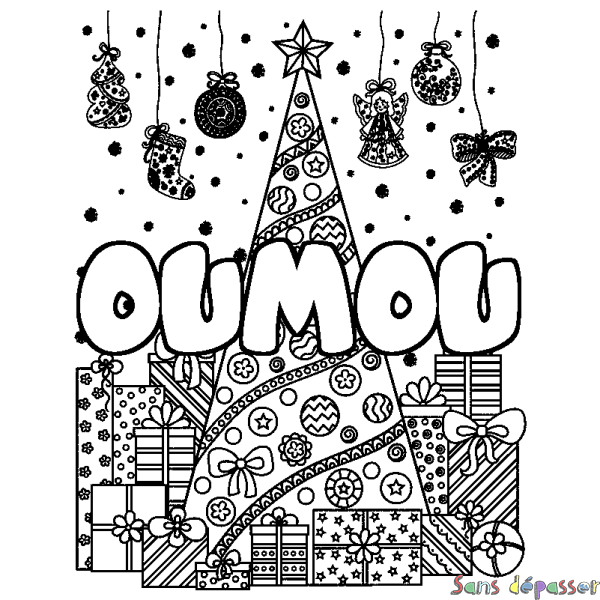 Coloriage prénom OUMOU - d&eacute;cor Sapin et Cadeaux