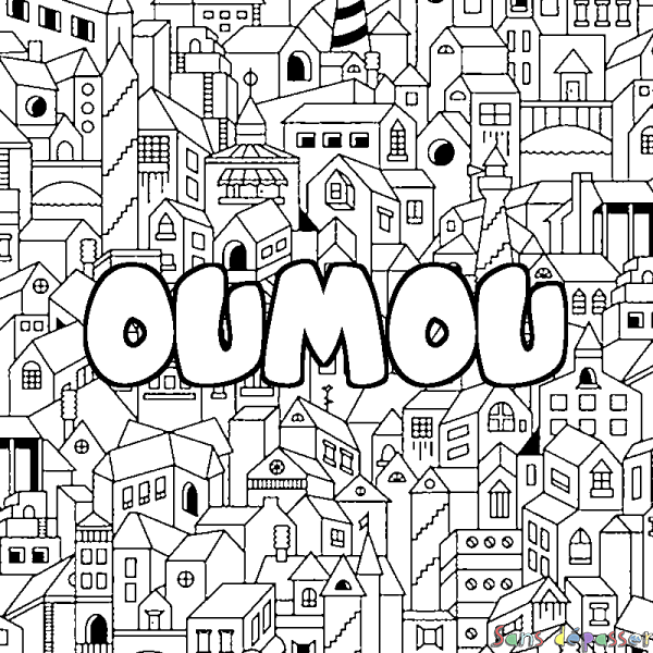 Coloriage pr&eacute;nom OUMOU - d&eacute;cor Ville