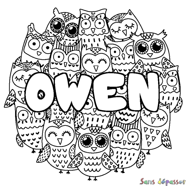 Coloriage pr&eacute;nom OWEN - d&eacute;cor Chouettes
