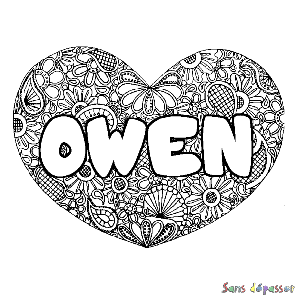 Coloriage pr&eacute;nom OWEN - d&eacute;cor Mandala coeur