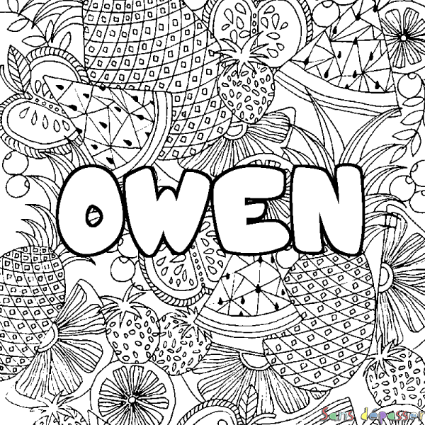 Coloriage pr&eacute;nom OWEN - d&eacute;cor Mandala fruits