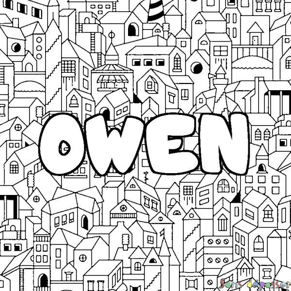 Coloriage pr&eacute;nom OWEN - d&eacute;cor Ville