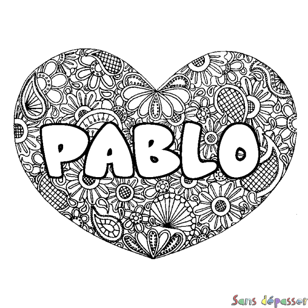 Coloriage pr&eacute;nom PABLO - d&eacute;cor Mandala coeur