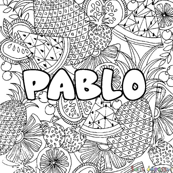 Coloriage pr&eacute;nom PABLO - d&eacute;cor Mandala fruits
