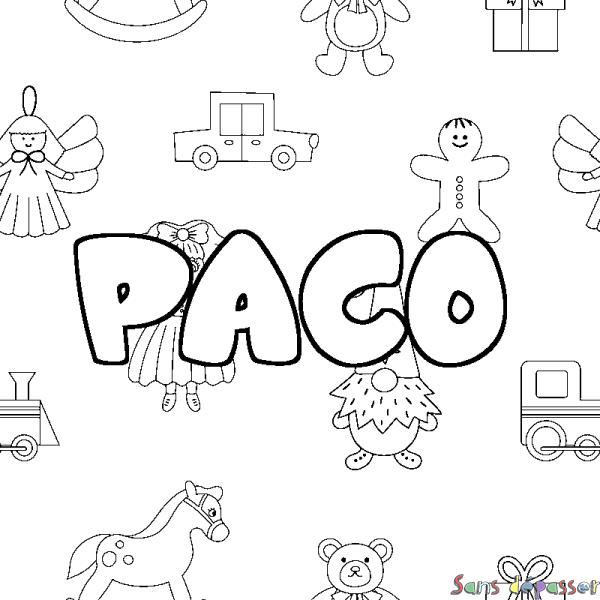 Coloriage pr&eacute;nom PACO - d&eacute;cor Jouets