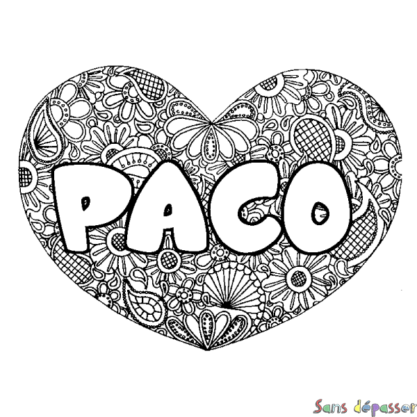 Coloriage pr&eacute;nom PACO - d&eacute;cor Mandala coeur