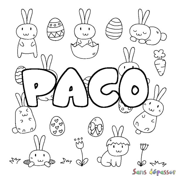 Coloriage pr&eacute;nom PACO - d&eacute;cor Paques