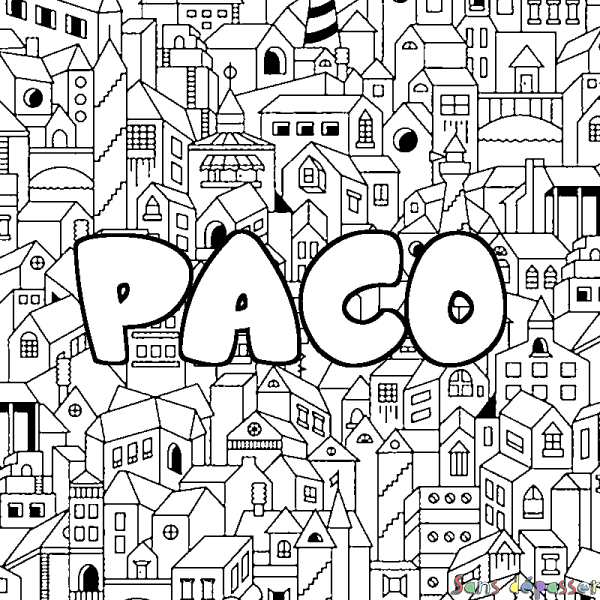 Coloriage pr&eacute;nom PACO - d&eacute;cor Ville
