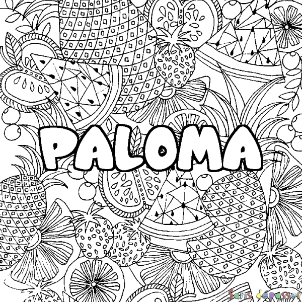 Coloriage pr&eacute;nom PALOMA - d&eacute;cor Mandala fruits