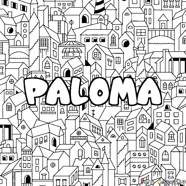 Coloriage prénom PALOMA - d&eacute;cor Ville