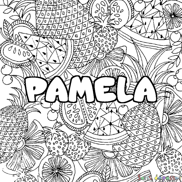 Coloriage pr&eacute;nom PAMELA - d&eacute;cor Mandala fruits