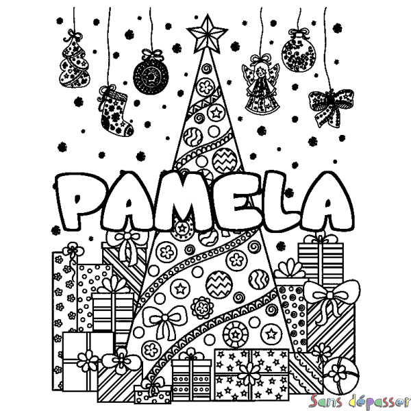 Coloriage pr&eacute;nom PAMELA - d&eacute;cor Sapin et Cadeaux