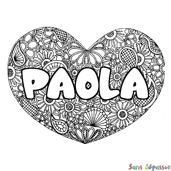 Coloriage prénom PAOLA - d&eacute;cor Mandala coeur