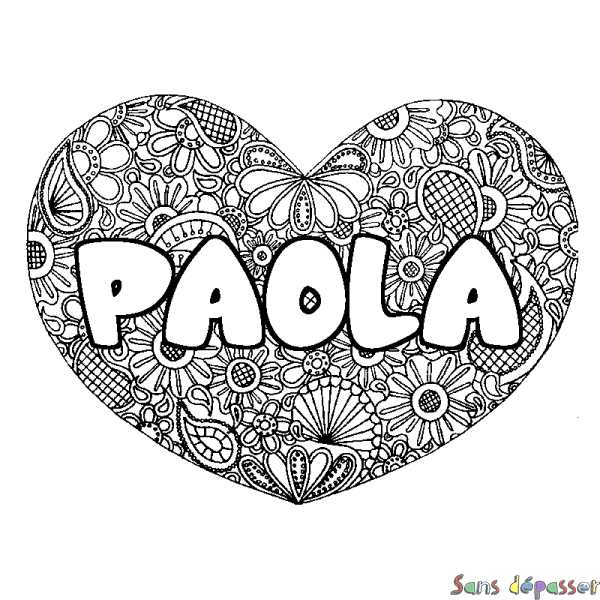 Coloriage pr&eacute;nom PAOLA - d&eacute;cor Mandala coeur