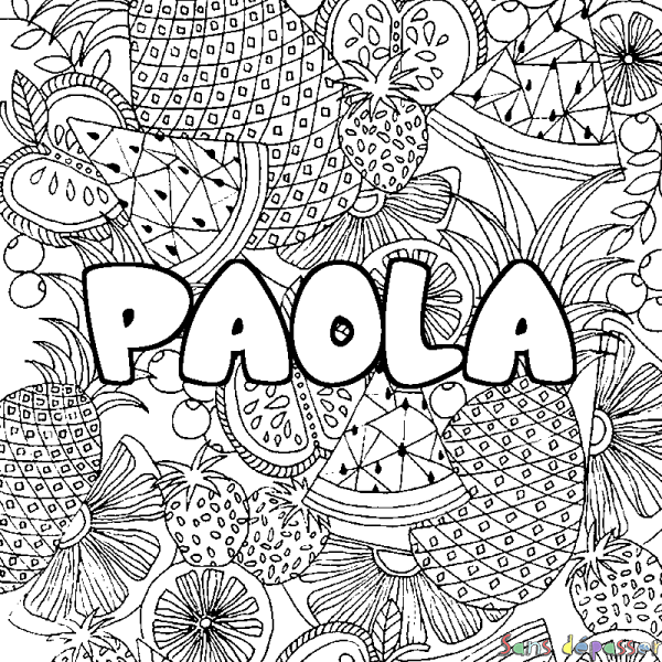 Coloriage pr&eacute;nom PAOLA - d&eacute;cor Mandala fruits