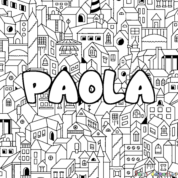Coloriage pr&eacute;nom PAOLA - d&eacute;cor Ville