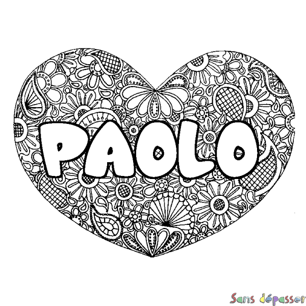 Coloriage pr&eacute;nom PAOLO - d&eacute;cor Mandala coeur