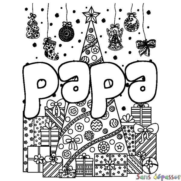Coloriage pr&eacute;nom papa - d&eacute;cor Sapin et Cadeaux