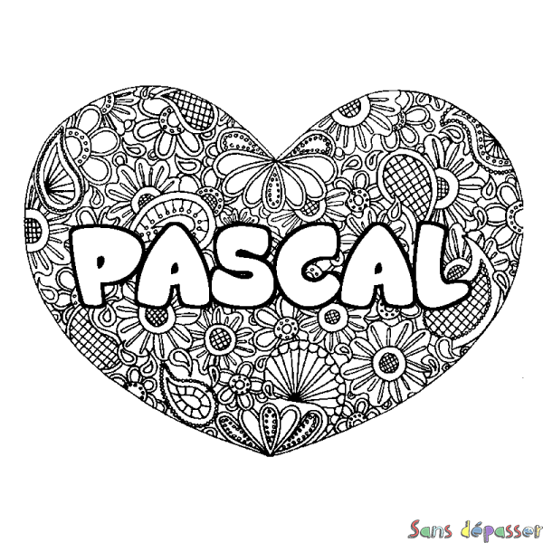 Coloriage pr&eacute;nom PASCAL - d&eacute;cor Mandala coeur