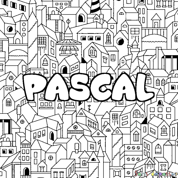 Coloriage pr&eacute;nom PASCAL - d&eacute;cor Ville