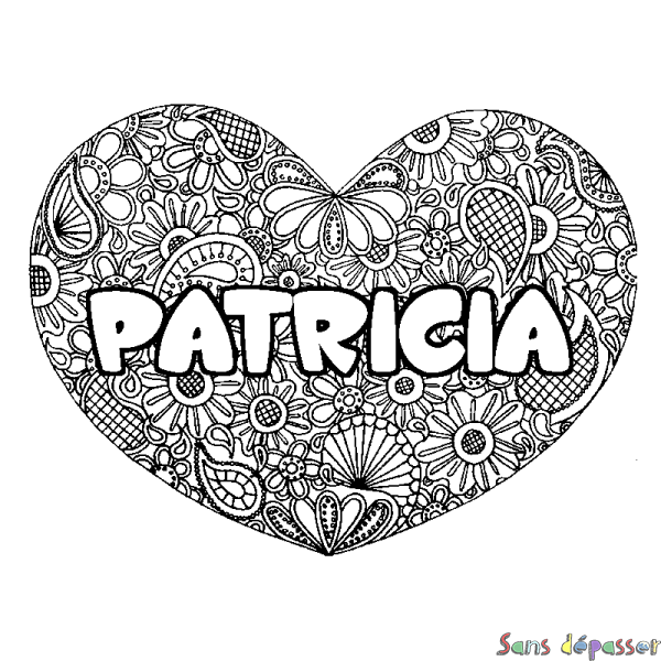 Coloriage prénom PATRICIA - d&eacute;cor Mandala coeur