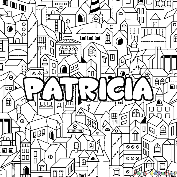 Coloriage pr&eacute;nom PATRICIA - d&eacute;cor Ville