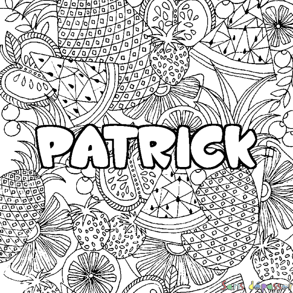 Coloriage pr&eacute;nom PATRICK - d&eacute;cor Mandala fruits