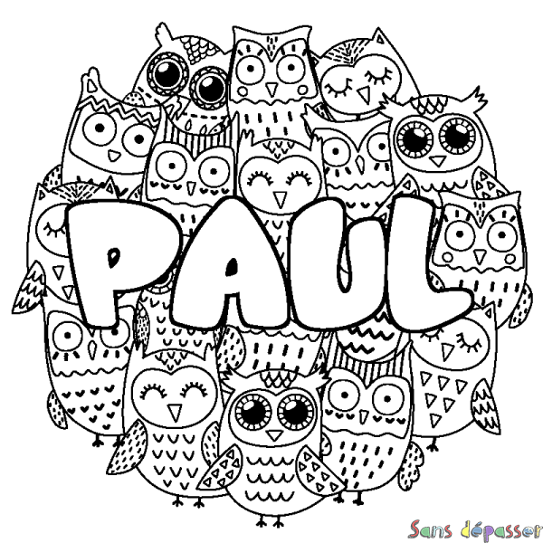 Coloriage pr&eacute;nom PAUL - d&eacute;cor Chouettes