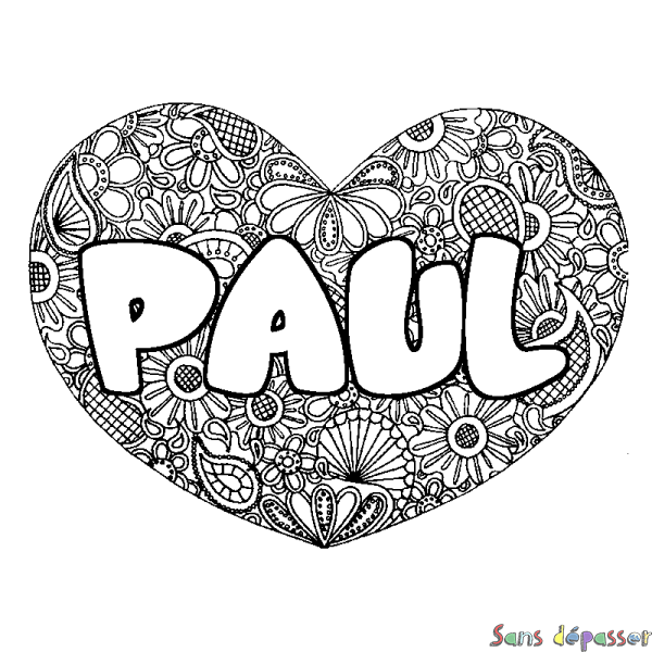 Coloriage prénom PAUL - d&eacute;cor Mandala coeur