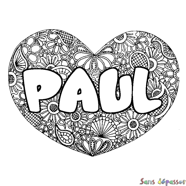 Coloriage pr&eacute;nom PAUL - d&eacute;cor Mandala coeur