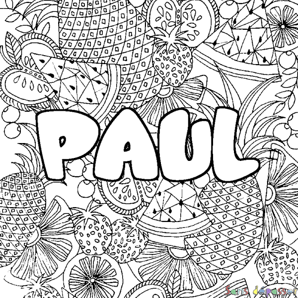 Coloriage pr&eacute;nom PAUL - d&eacute;cor Mandala fruits